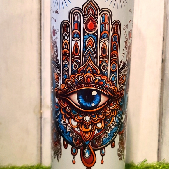 Hand Evil Eye Protection HAND OF MARY/FATIMA Skinny Tumbler- NWT 20oz SS… - Picture 2 of 5